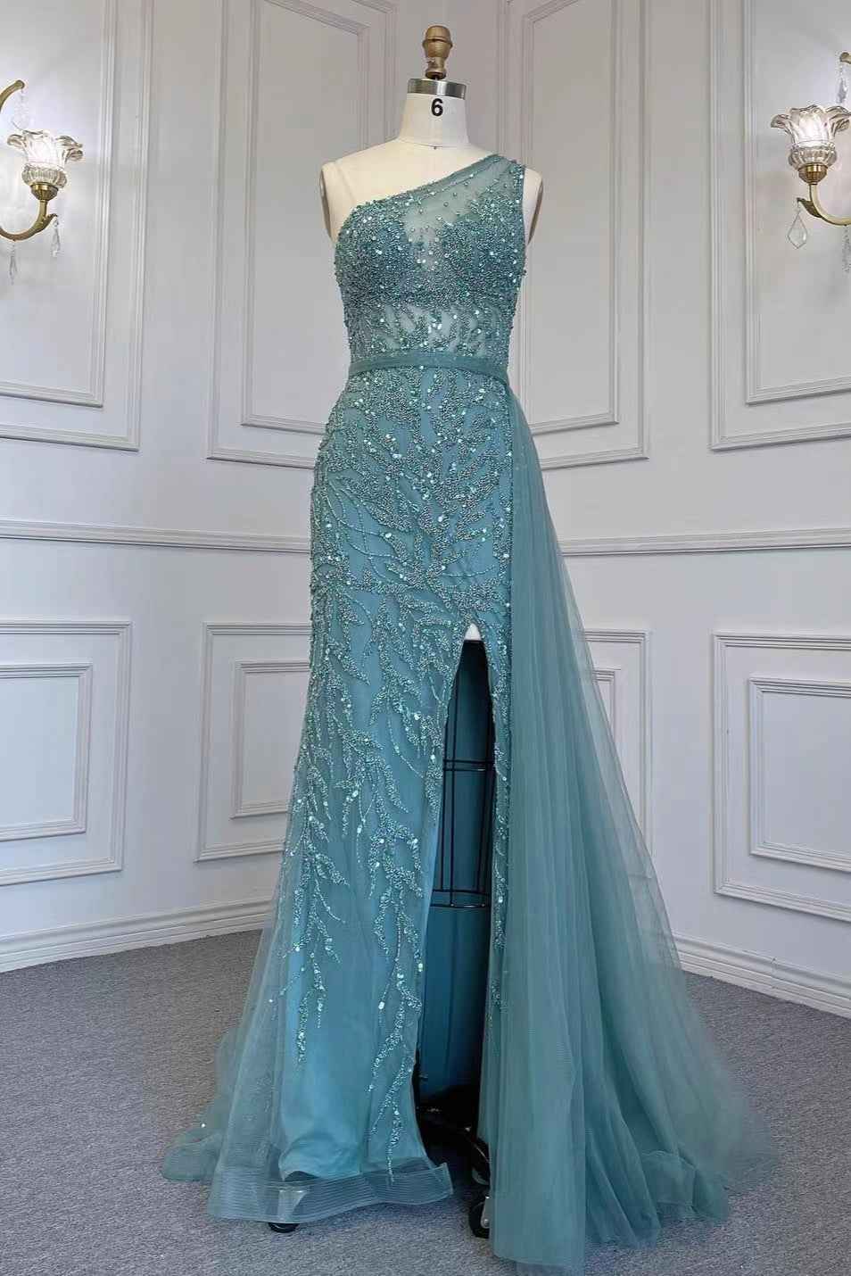 Gorgeous One Shoulder Sleeveless Beading Tulle Prom Dress With Split
