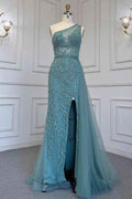 Gorgeous One Shoulder Sleeveless Beading Tulle Prom Dress With Split