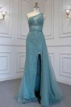 Gorgeous One Shoulder Sleeveless Beading Tulle Prom Dress With Split