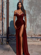 Dusty Blue Off-the-Shoulder Mermaid Prom Dress with Slit BM bride