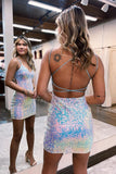 Gorgeous Sheath V Neck Blue Sequined Dress for a Glamorous Appearance BM bride