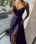Baby Blue Off-The-Shoulder V-Neck Mermaid Prom Dress with Feathers BM bride