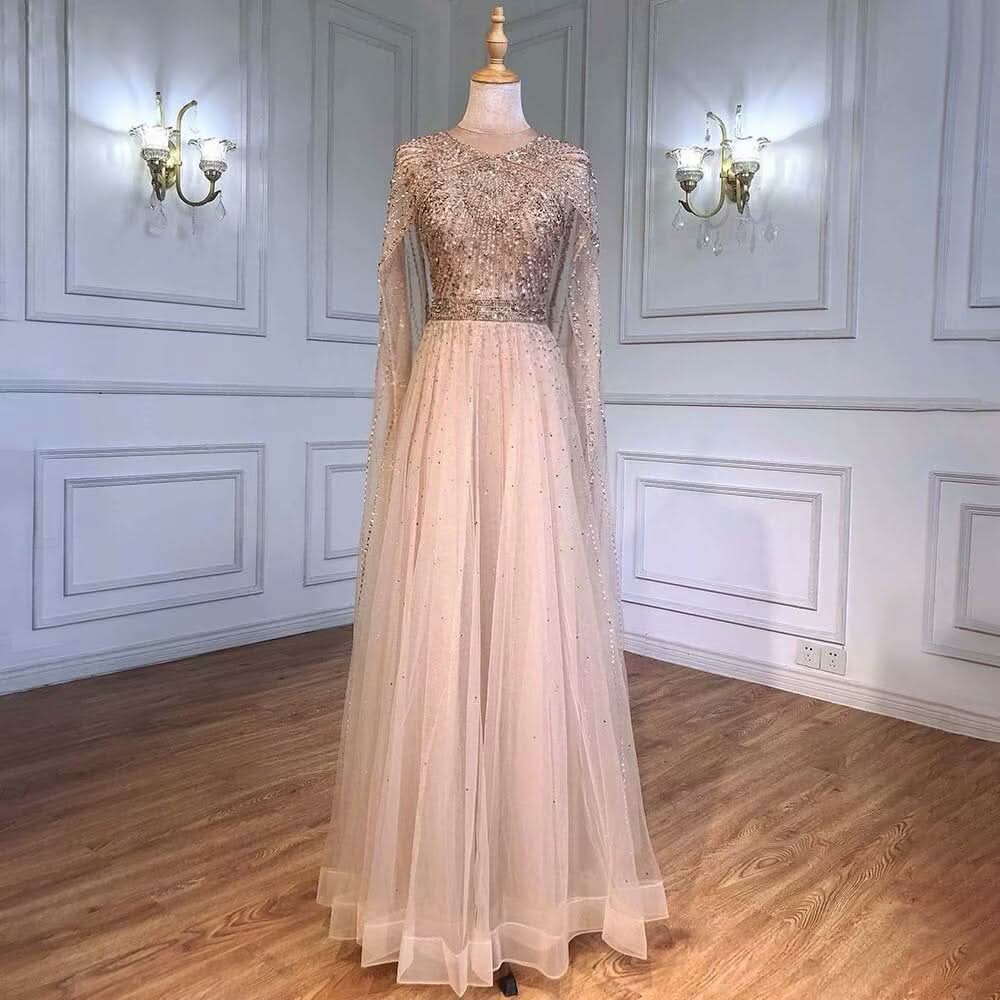 Long Sleeve Tulle Sequin Prom Dress with Fluttering A-Line Style BM bride