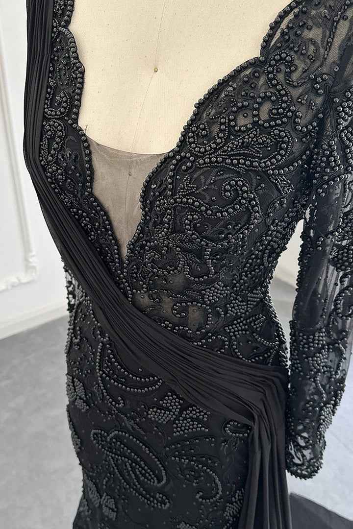 Black V Neck Mermaid Prom Dress Long Sleeves With Appliques Ruffles