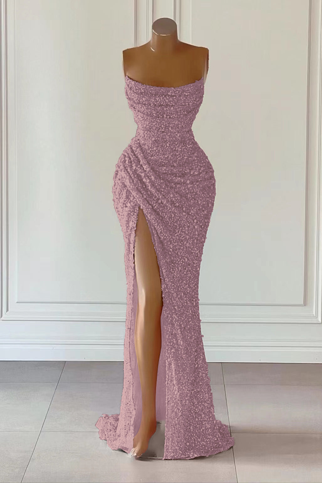 Dusty Pink Sleeveless Mermaid Prom Dress Long Split With Sequins BMBRIDE