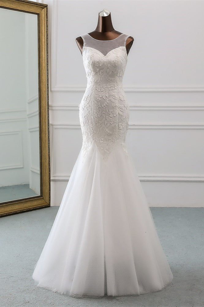 Jewel Neck Backless Long Mermaid Wedding Dress with Tulle Lace BM bride