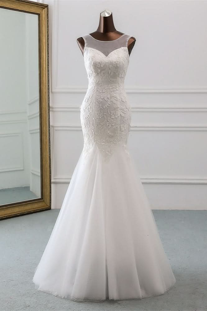Jewel Neck Backless Long Mermaid Wedding Dress with Tulle Lace BM bride