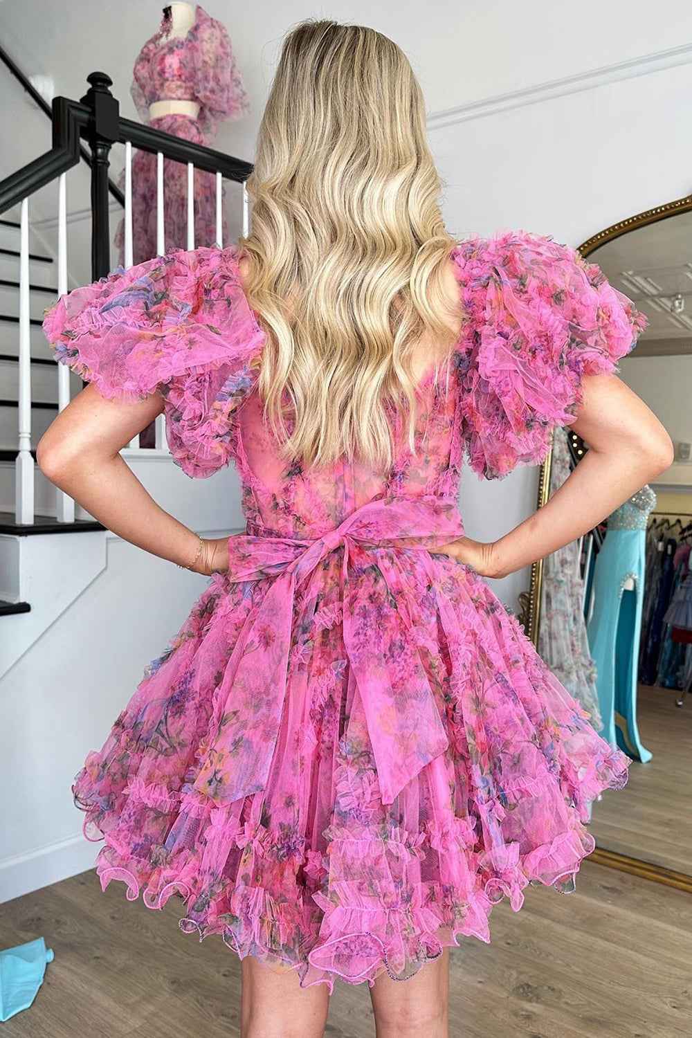 Purple Floral Off the Shoulder A-Line Short Homecoming Dress Bmbride