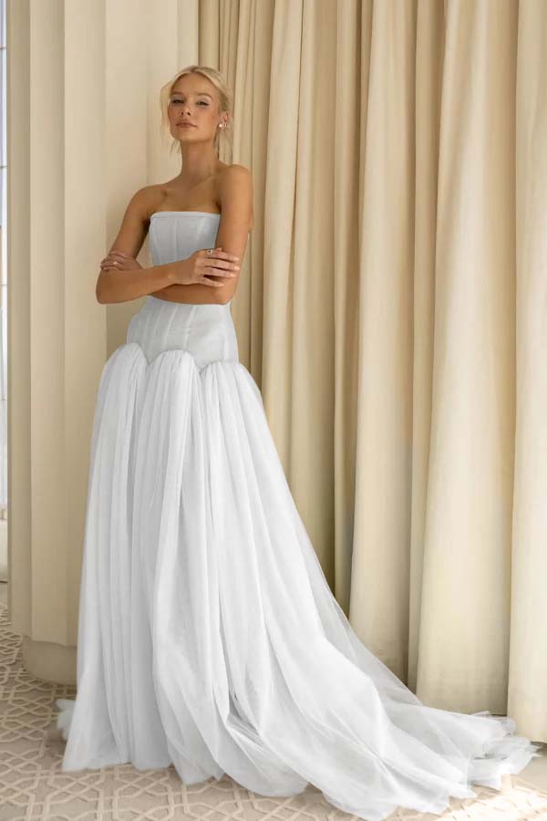 Charming Tulle Strapless Sleeveless Long Prom Dress With Pleated BMBRIDE