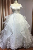 Sequined Short Sleeve Appliqued Ball Gown Wedding Dress with Tulle Ruffles BM bride