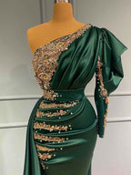 Mermaid Dark Green One Shoulder Long Sleeve Long Prom Dress With Beadings