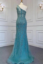 Elegant One Shoulder Tulle Evening Dress with Beadings, Slit, and Rhinestone BM bride