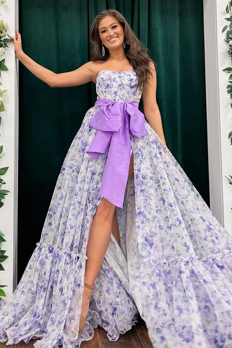 Fashionable Chic Floral Printed Chiffon Strapless Long Prom Dresses,Formal Dresses,Prom Gowns,Women Formal Gowns,Quincea?Era Dresses,Cocktail Dresses,Prom Dress Custom Size with Slit BM bride