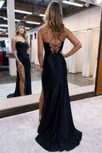 Charming Red Spaghetti Strap Sleeveless Mermaid Pleated Long Prom Dress with Split