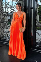 Spaghetti Strap V Neck Sleeveless Long Prom Dress With Pleated