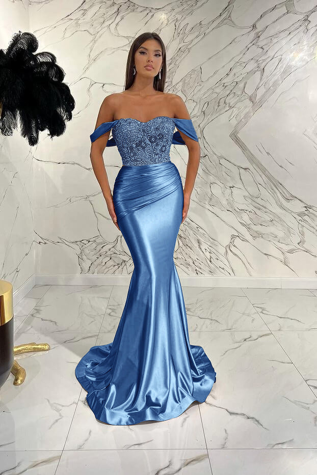Gorgeous Off the Shoulder Mermaid Sequins Prom Dress With Beading Pleated BMBRIDE