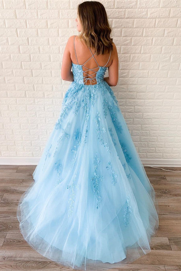 Sky Blue Spaghetti-Straps Appliques Evening Dress BM bride
