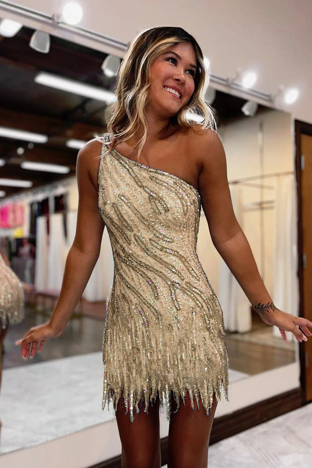 Sparkly Blue One Shoulder Sequins Tight Short Hoco Dress with Fringes Bmbride