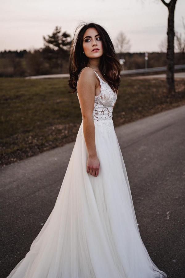 Simple Long A-Line V-Neck Tulle Wedding Dress with Appliques BM bride