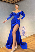 Off the Shoulder Mermaid Royal Blue Long Sleeves Prom Dress Beading BMBRIDE