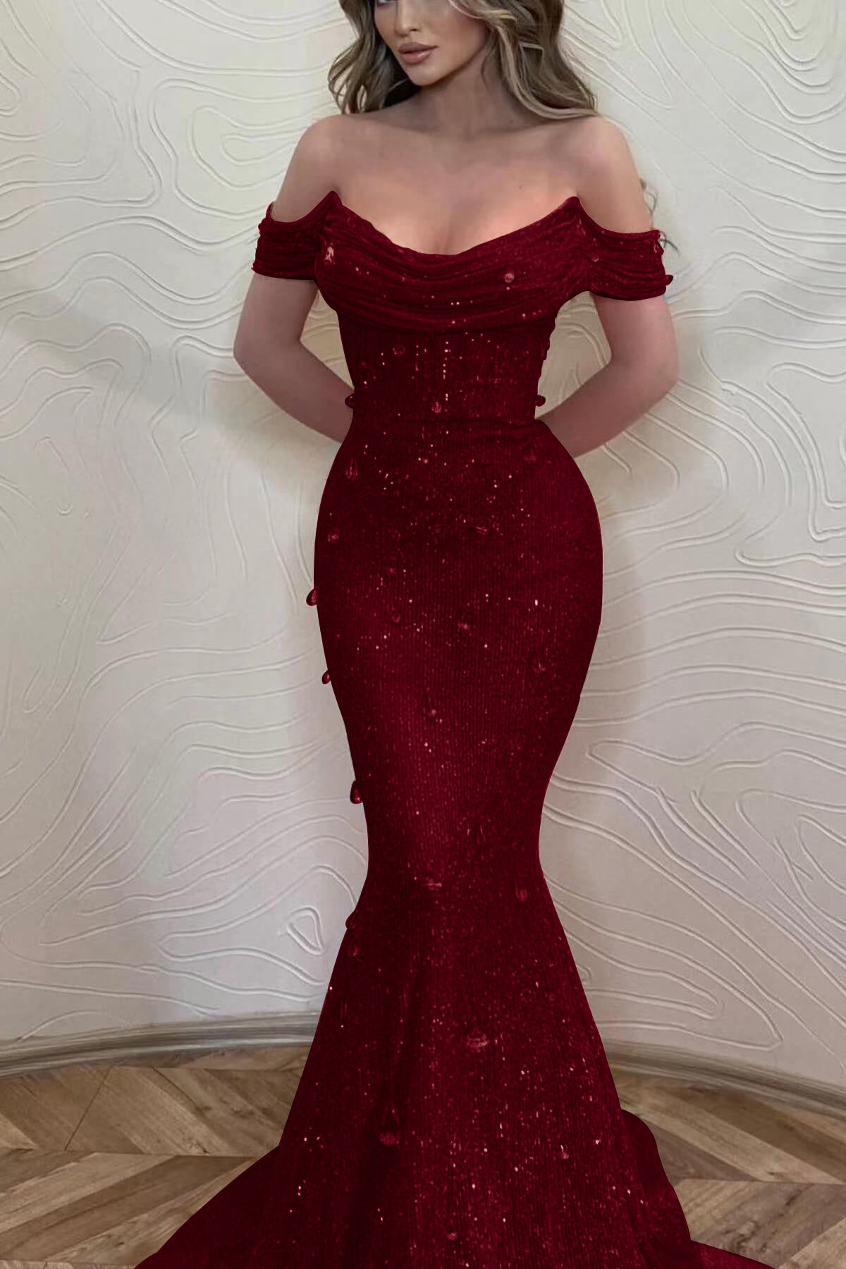 Orange Off the Shoulder Strapless Sleeveless Prom Dress With Sequins Mermaid BMBRIDE