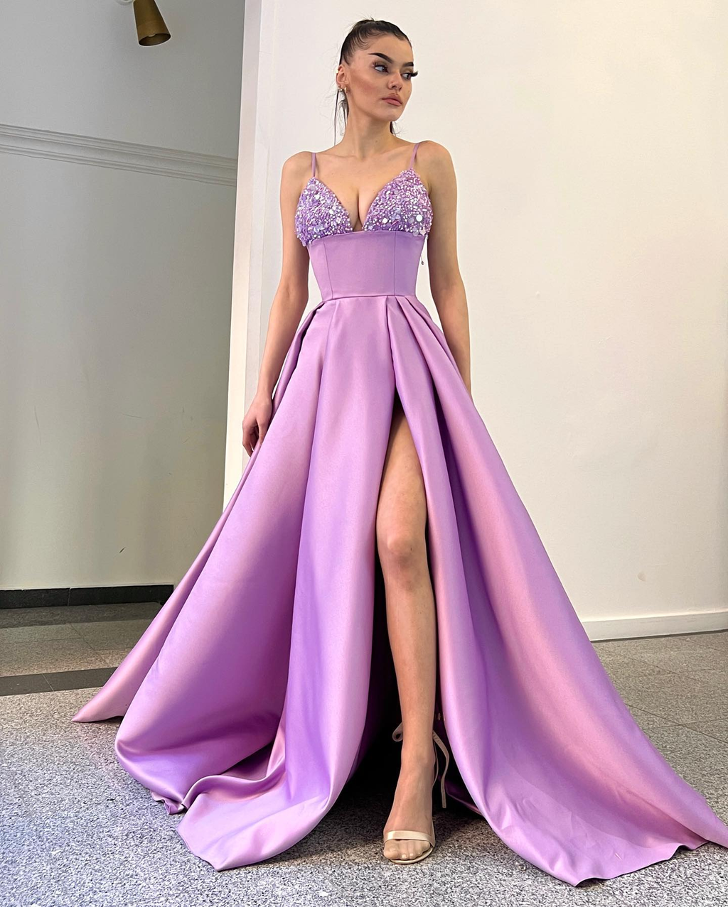 Lavender Spaghetti-Straps Sequins A-Line Evening Dress with Split BM bride