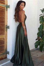 Modern V Neck Sleeveless High Split Backless Long Prom Dress Spaghetti Strap