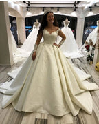 Elegant Long Sleeve Princess Sweetheart Satin Wedding Dress with Appliques BM bride