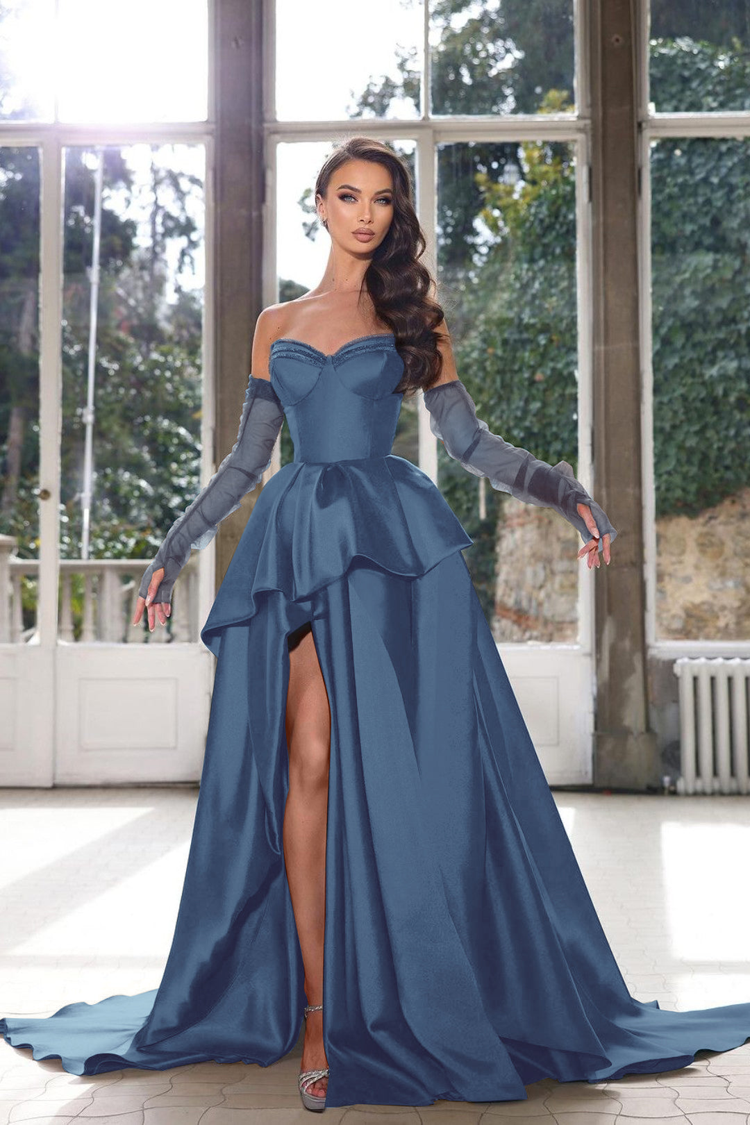 Glamorous Half Sleeves Ink Blue Prom Dress Strapless With High Split Gown BMBRIDE