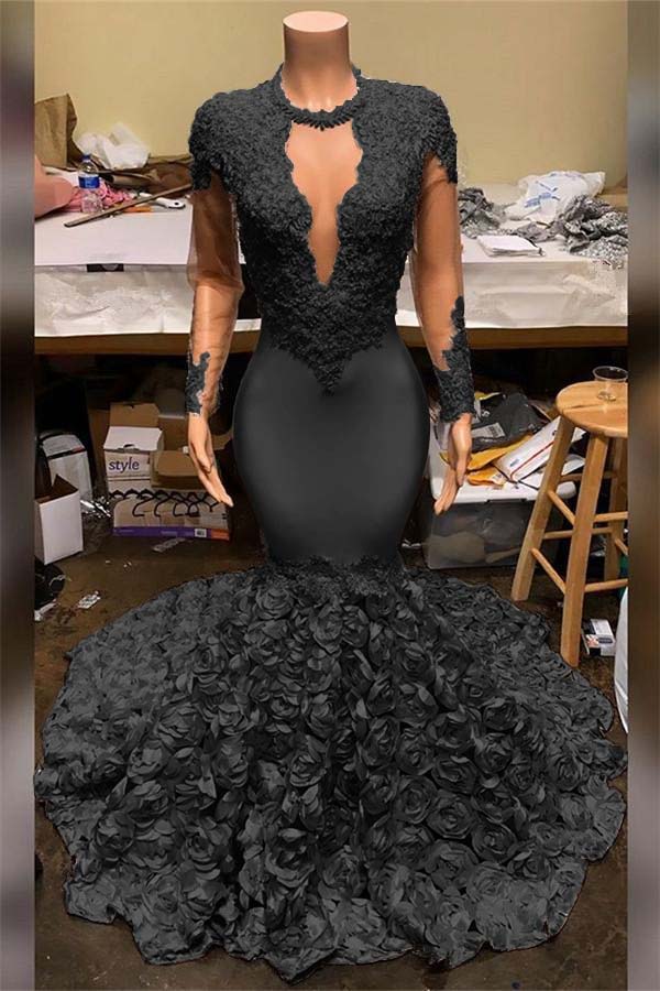Elegant Mermaid V Neck Prom Dress Appliques Long Sleeves With Flowers Bottom BMBRIDE