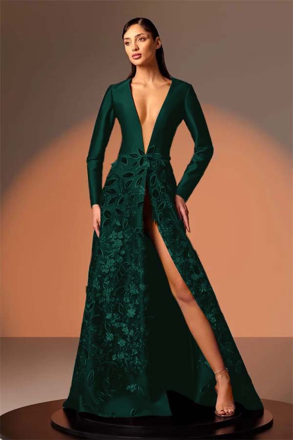 Long Sleeves Deep V Neck High Split Long Prom Dress With Appliques BMBRIDE