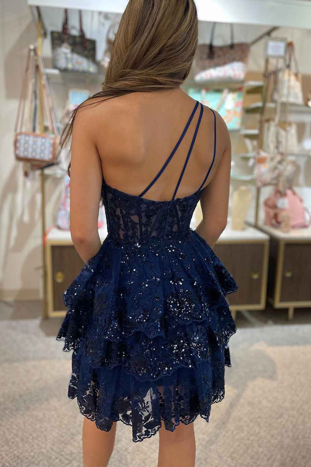 Sparkly Navy Tiered Lace One Shoulder A-Line Short Homecoming Dress Bmbride