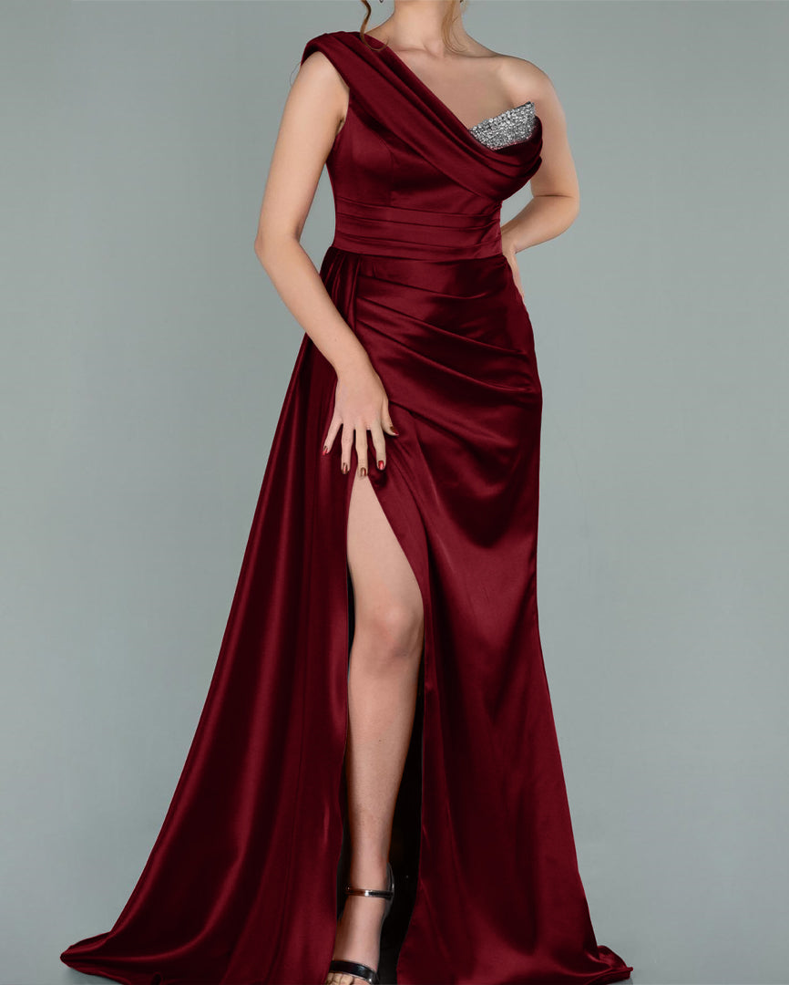 Burgundy Elegant One-Shoulder V-Neck Mermaid Prom Dress with Split and Sequins BM bride