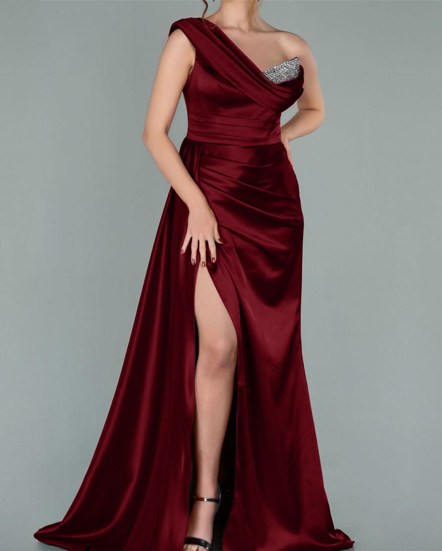Burgundy Elegant One-Shoulder V-Neck Mermaid Prom Dress with Split and Sequins BM bride