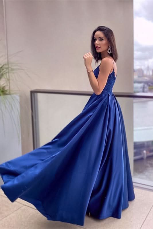 Royal Blue Lace Appliques Prom Dress with Pockets BM bride