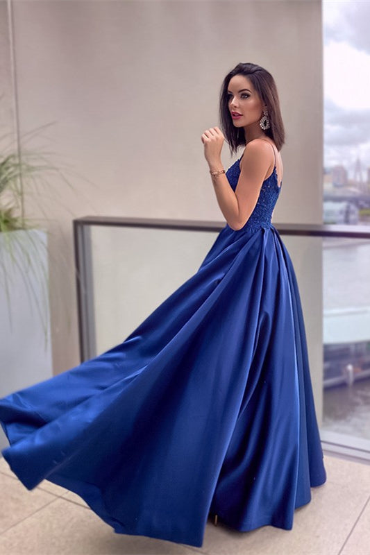 Royal Blue Sleeveless Lace A Line Long Prom Dress Appliques With Pockets