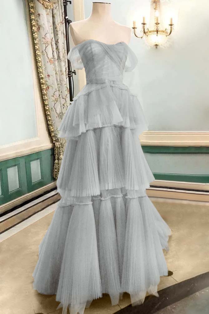 Strapless Off the Shoulder Sleeveless Long Prom Dress With Tulle BMBRIDE