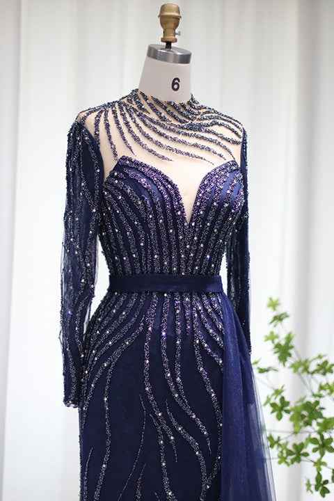V Neck Long Sleeves Long Prom Dress Tulle Ruffles With Appliques