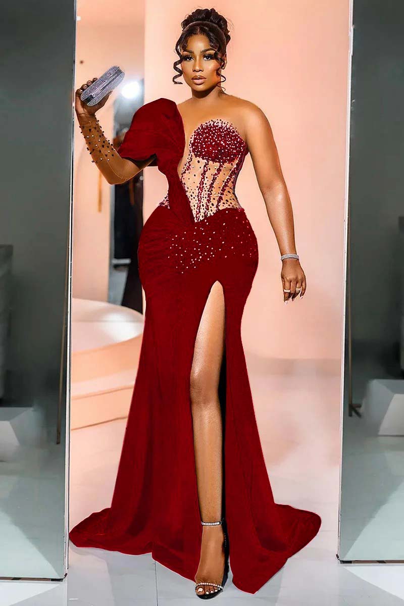 One Shoulder Long Sleeve Long Mermaid Prom Dress With Beading BMBRIDE