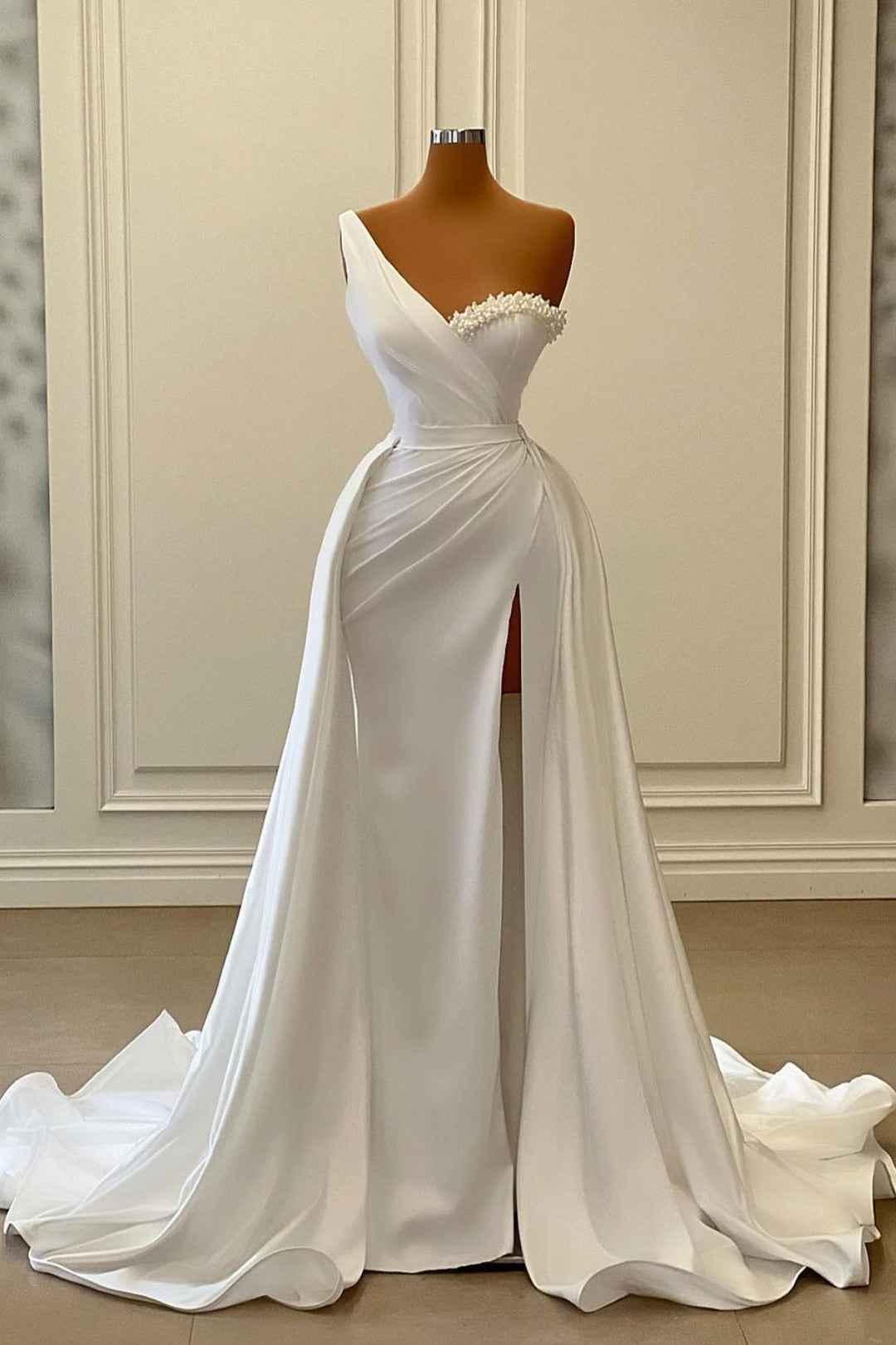 One-Shoulder Charmeuse White Wedding Dress with Beading BM bride