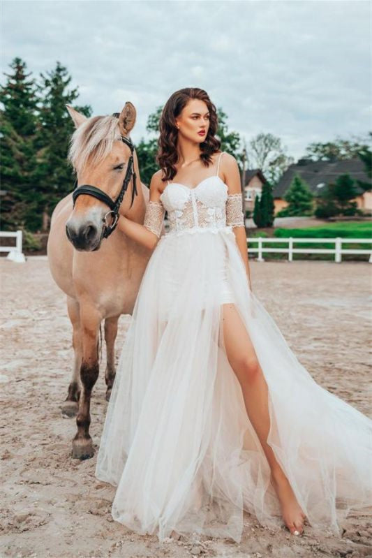 Spaghetti Strap Lace Wedding Dress with Detachable Sleeves and Split BM bride
