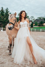 Spaghetti Strap Lace Wedding Dress with Detachable Sleeves and Split BM bride