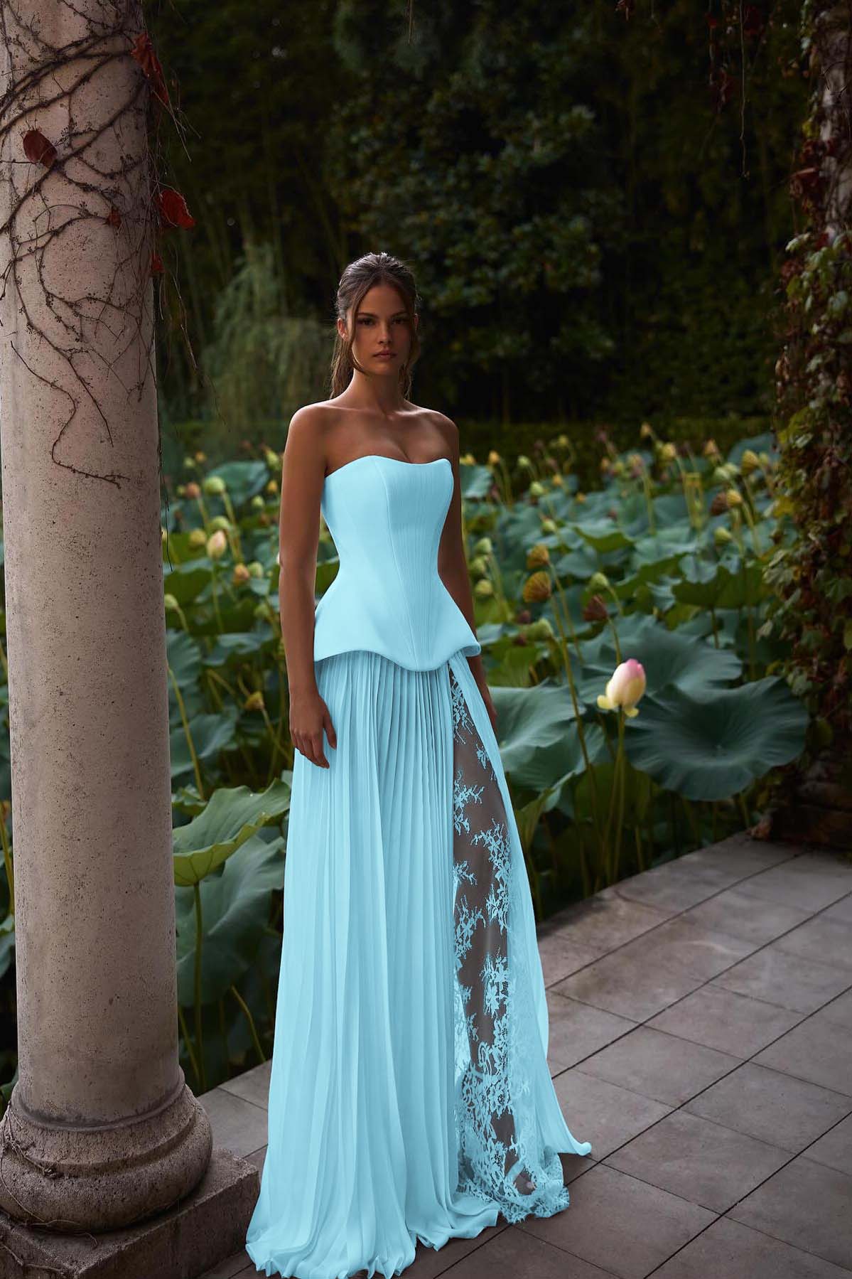 Strapless Sleeveless Long Prom Dress With Pleated Split Appliques BMBRIDE