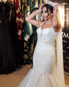 Spaghetti Straps Long Mermaid Wedding Dress With Lace Appliques Tulle BM bride