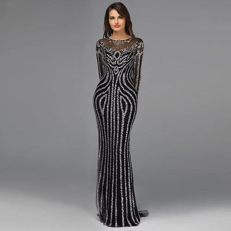 Grey Luxury Long Sleeves Evening Dress with Sparkly Diamond Beading BM bride