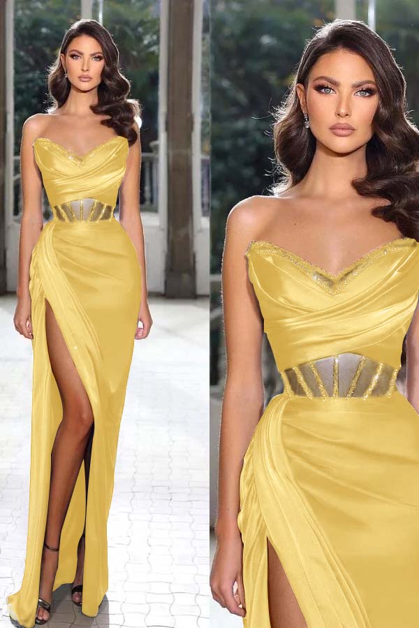 Strapless Sleeveless Long Mermaid Prom Dress With Split Pleated BMBRIDE