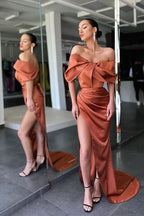 Burnt Orange Off-the-Shoulder Mermaid Prom Dress with Split BM bride