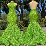 Green Halter Open-Back Sleeveless Mermaid Prom Dress with Flower Appliqueds BM bride