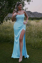 One Shoulder Spaghetti Strap Sleeveless Long Prom Dress With Split
