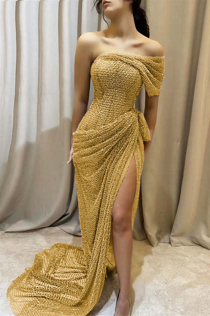 Sequins One Shoulder Sleeveless Long Prom Dress With Split Pleated